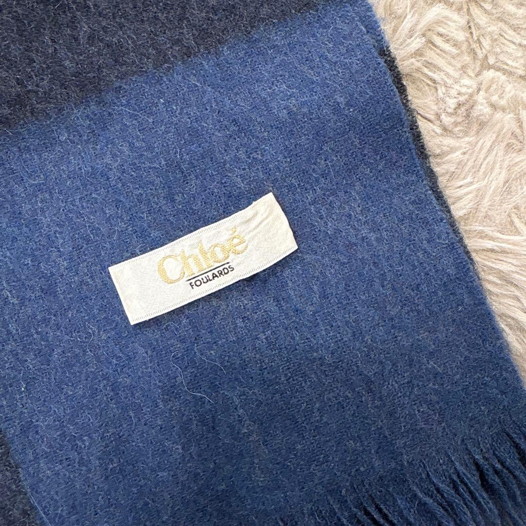 綺麗！Chloé クロエ チェック柄マフラー 超大判マフラー ネイビー系