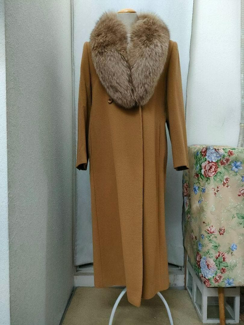 キャメル　ロングコート　フォックスファー　レトロ古着