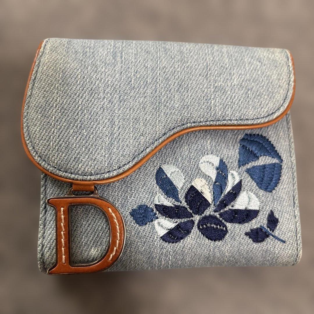 未使用 クリスチャンディオール 財布 サドル ロータスウォレット デニム 刺繍