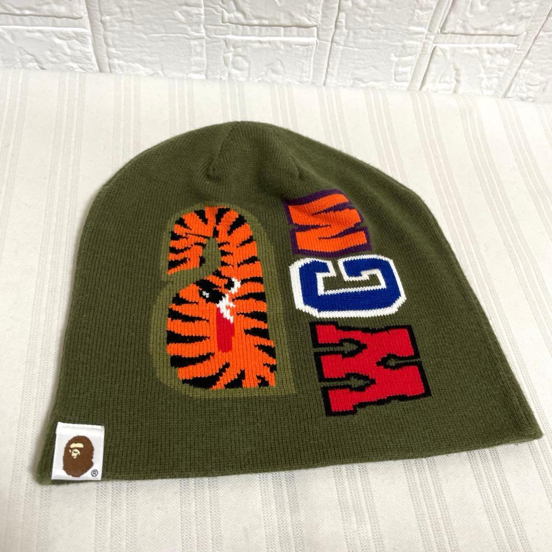 極美品 アベイシングエイプ ニット帽 ニットキャップ ビーニー シャーク カーキ