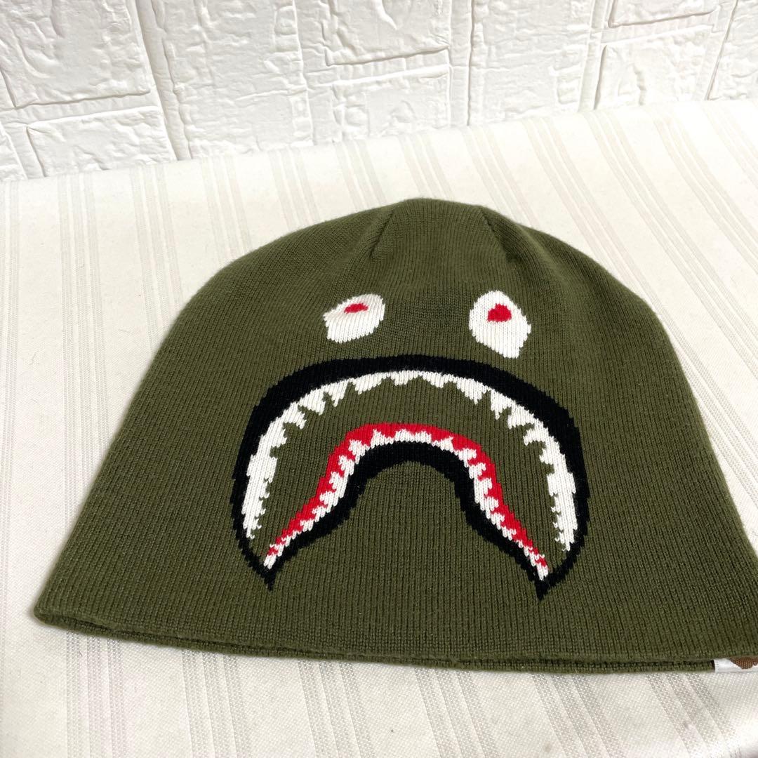 極美品 アベイシングエイプ ニット帽 ニットキャップ ビーニー シャーク カーキ