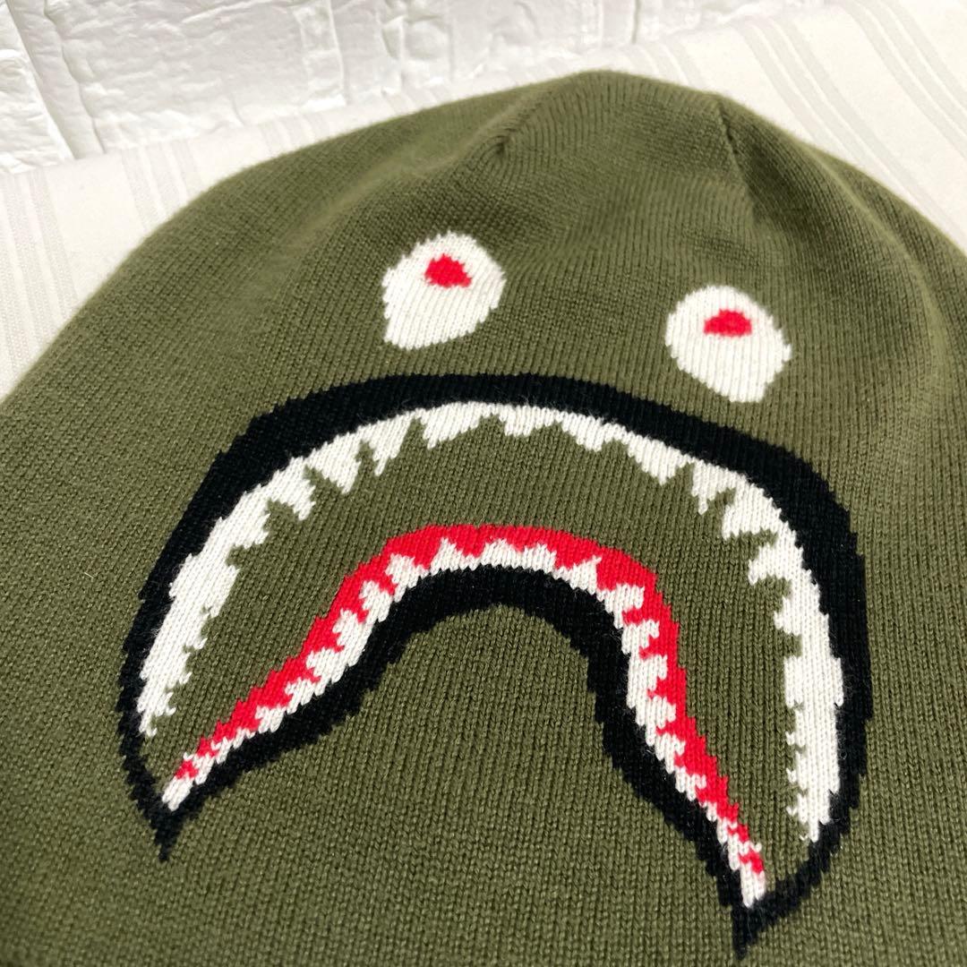 極美品 アベイシングエイプ ニット帽 ニットキャップ ビーニー シャーク カーキ