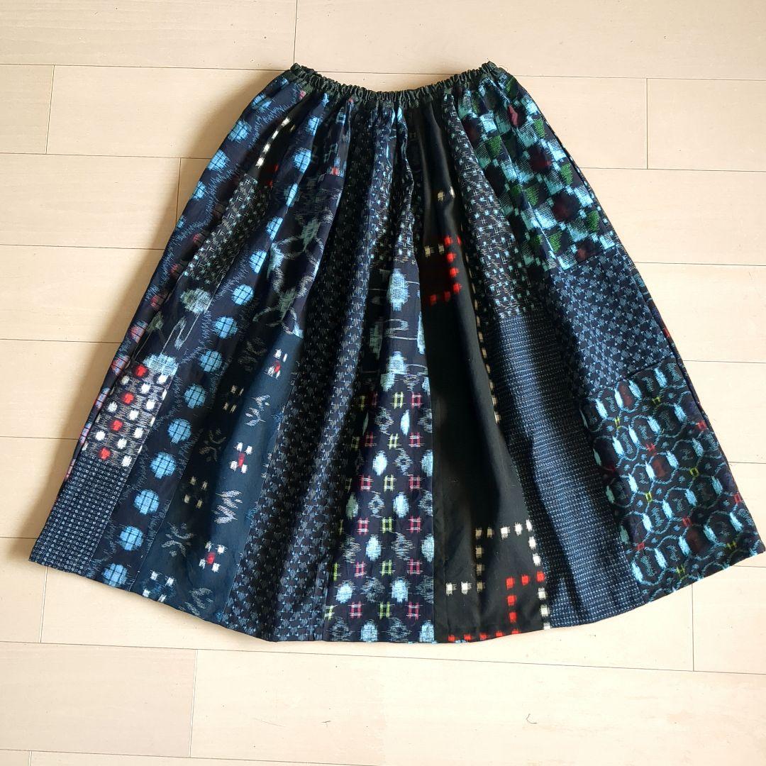 ハンドメイド♪着物リメイク　絣　パッチワークギャザースカート