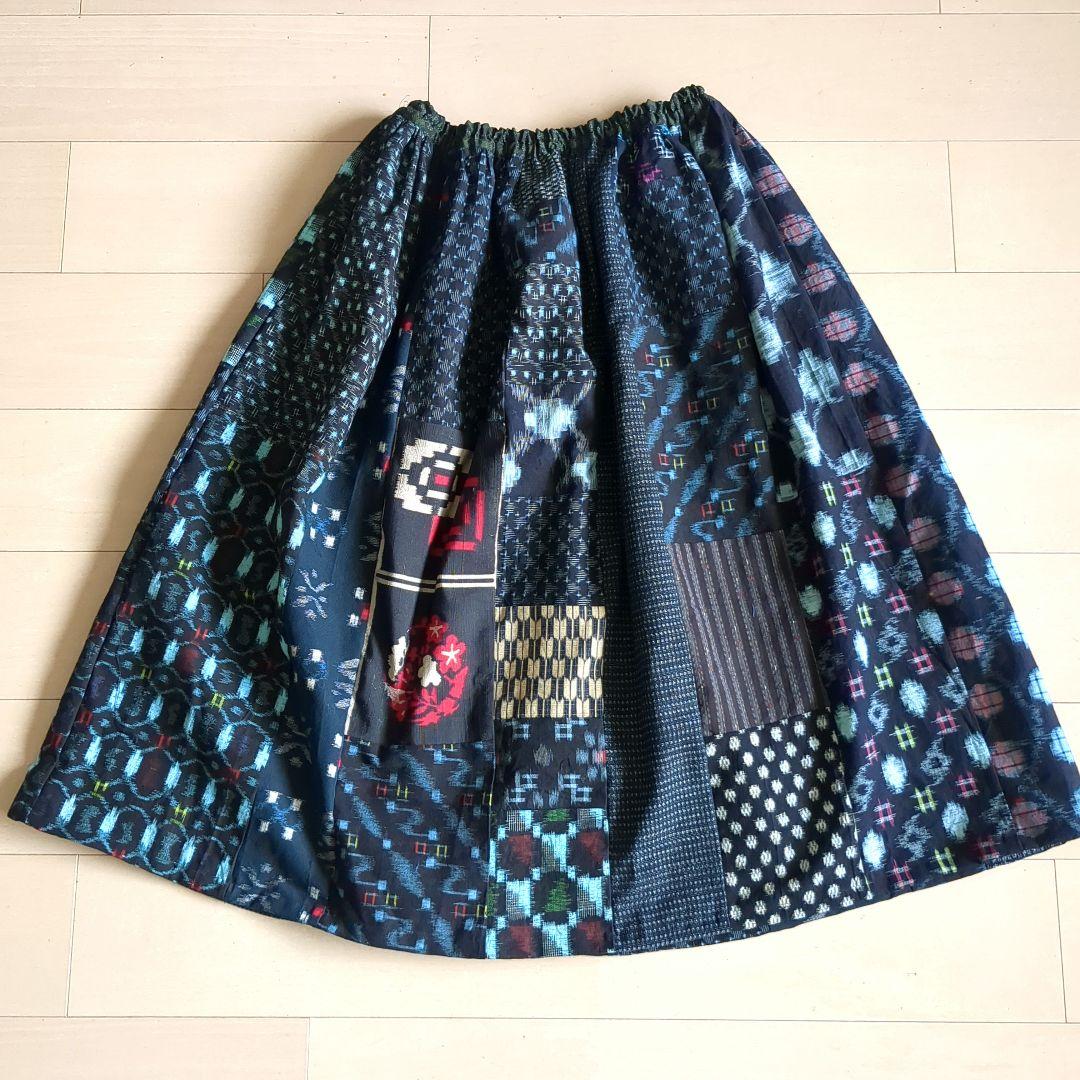ハンドメイド♪着物リメイク　絣　パッチワークギャザースカート