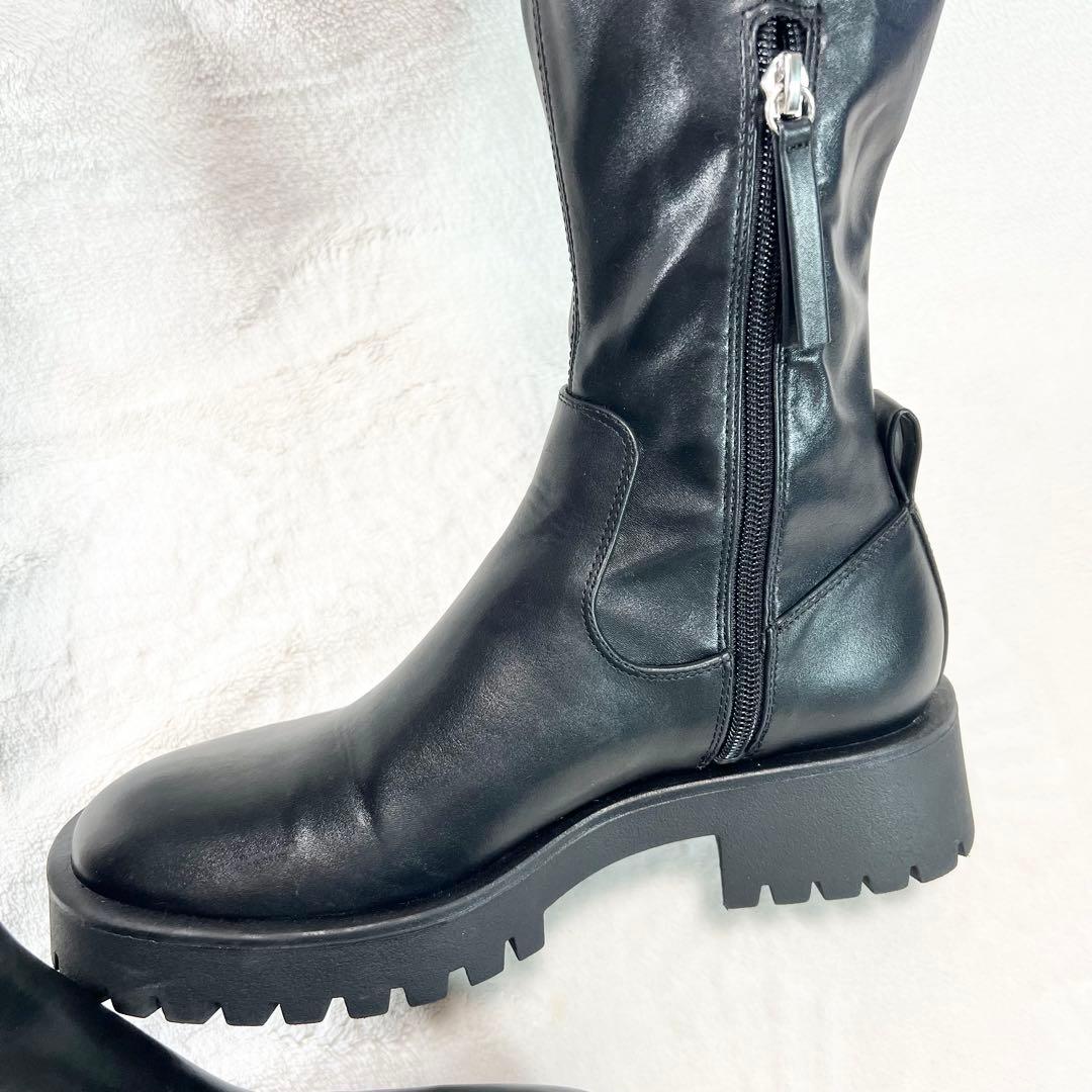 【美品】ZARA ロングブーツ ブラック 37 24cm レザー　ニーハイ　厚底