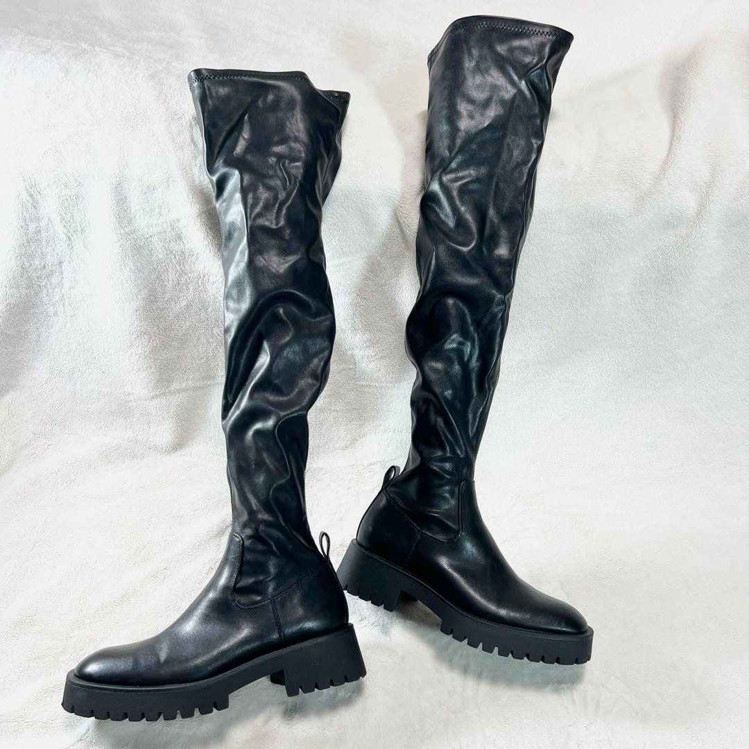 【美品】ZARA ロングブーツ ブラック 37 24cm レザー　ニーハイ　厚底