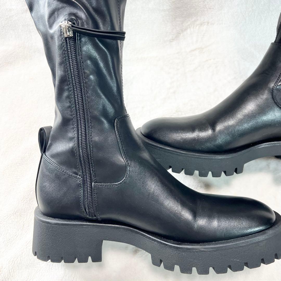 【美品】ZARA ロングブーツ ブラック 37 24cm レザー　ニーハイ　厚底