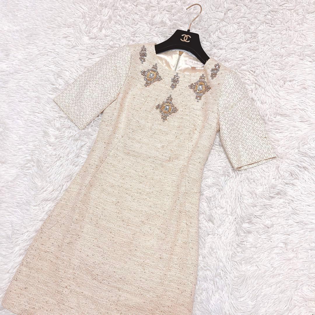 TEDBAKER ビジュー ワンピース 半袖 ラメ ツイード ゴールド ドレス