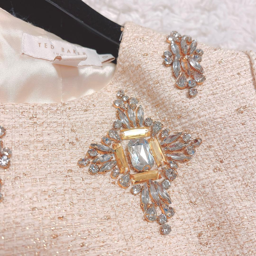 TEDBAKER ビジュー ワンピース 半袖 ラメ ツイード ゴールド ドレス