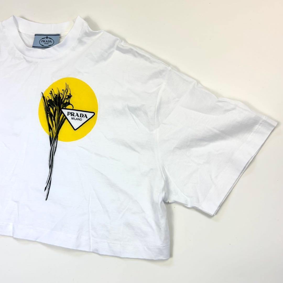 PRADA フラワー トライアングルロゴ Tシャツ 半袖 クロップド丈 M