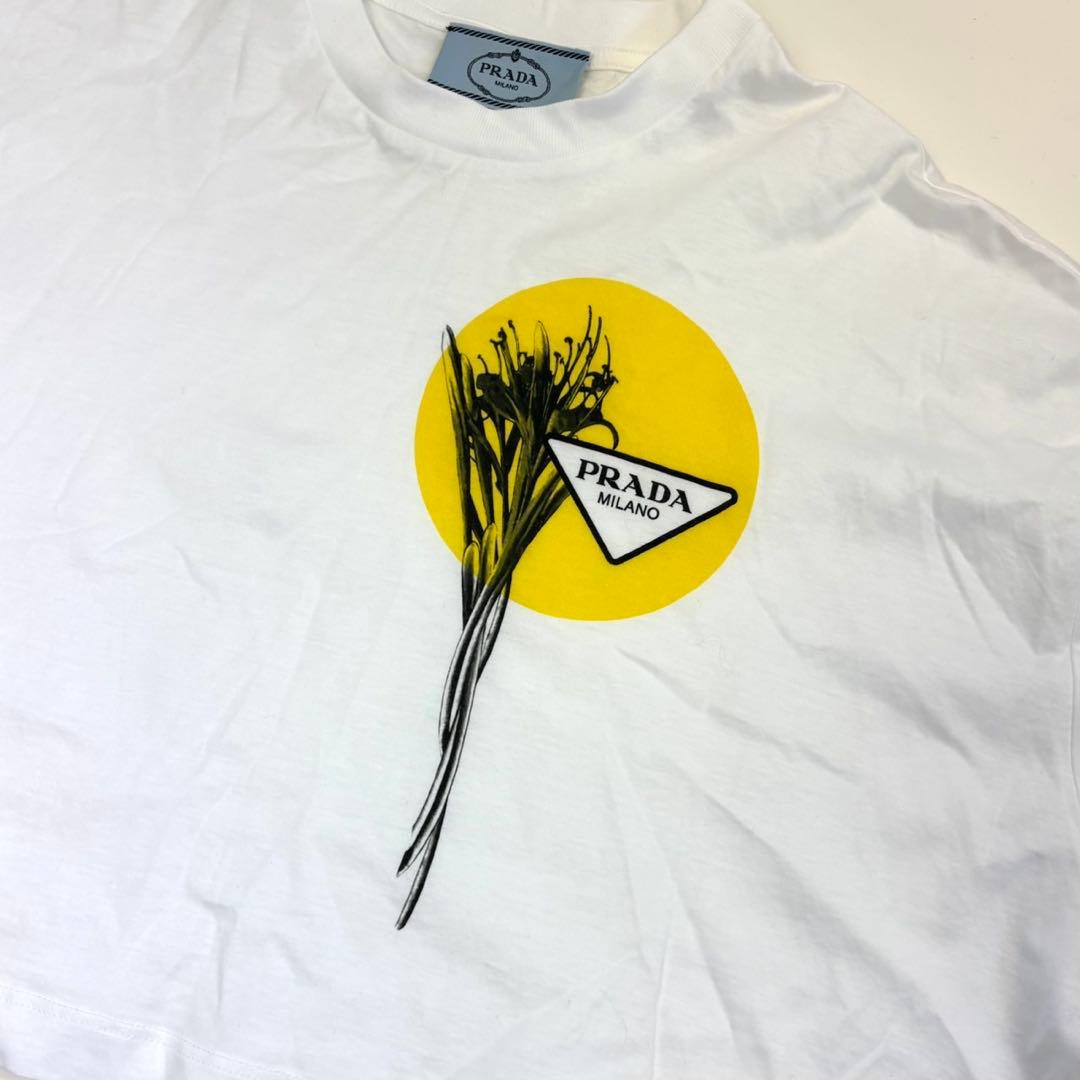PRADA フラワー トライアングルロゴ Tシャツ 半袖 クロップド丈 M