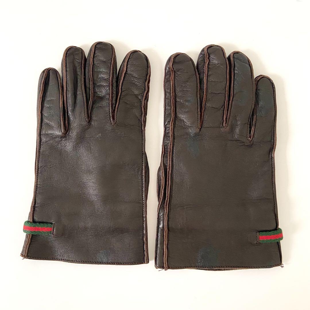 美品 GUCCI グッチ 牛皮 本革 レザーグローブ 手袋 シェリーライン