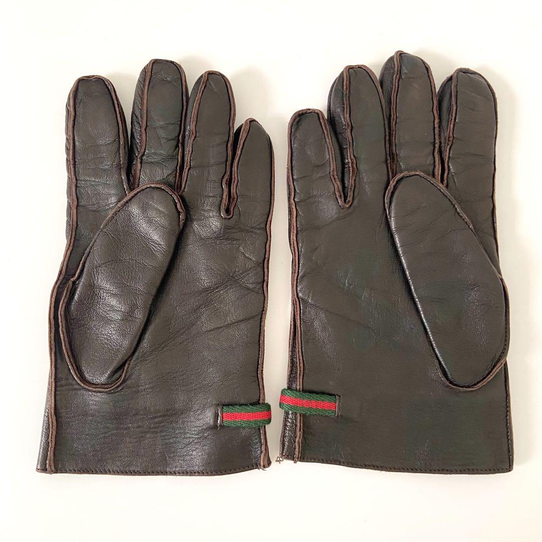 美品 GUCCI グッチ 牛皮 本革 レザーグローブ 手袋 シェリーライン