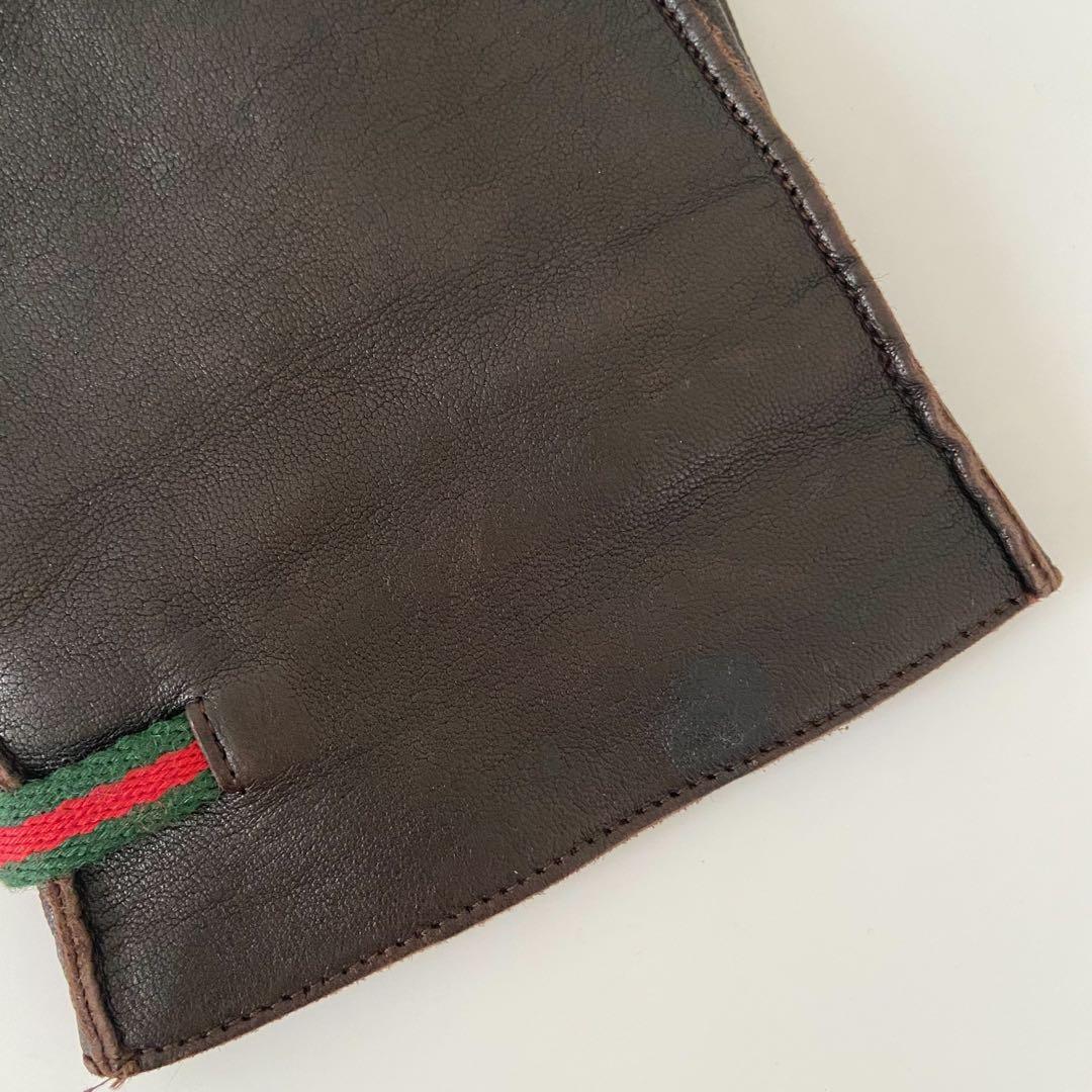 美品 GUCCI グッチ 牛皮 本革 レザーグローブ 手袋 シェリーライン