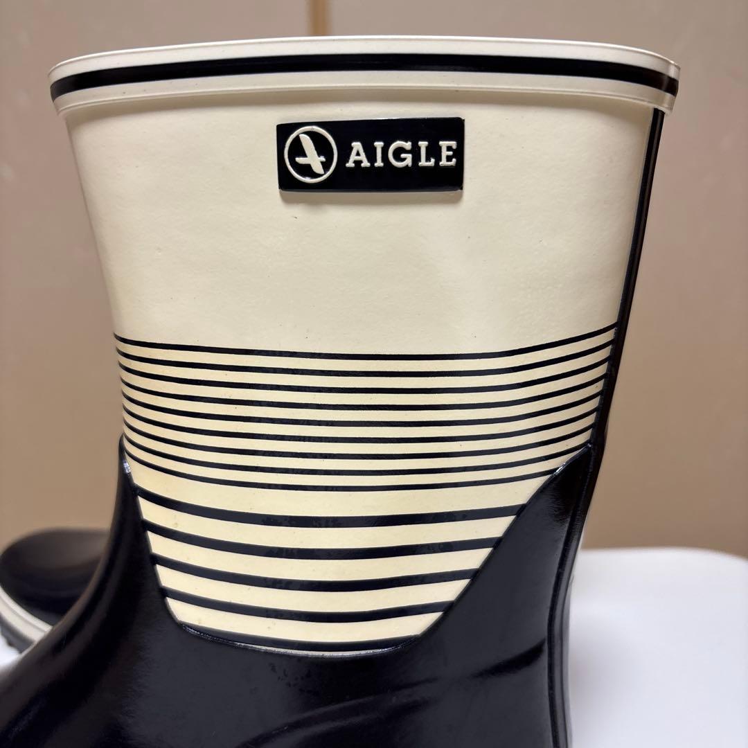 値下中 パリ購入 AIGLE エーグル 希少 ストライプ長靴 白黒 男女