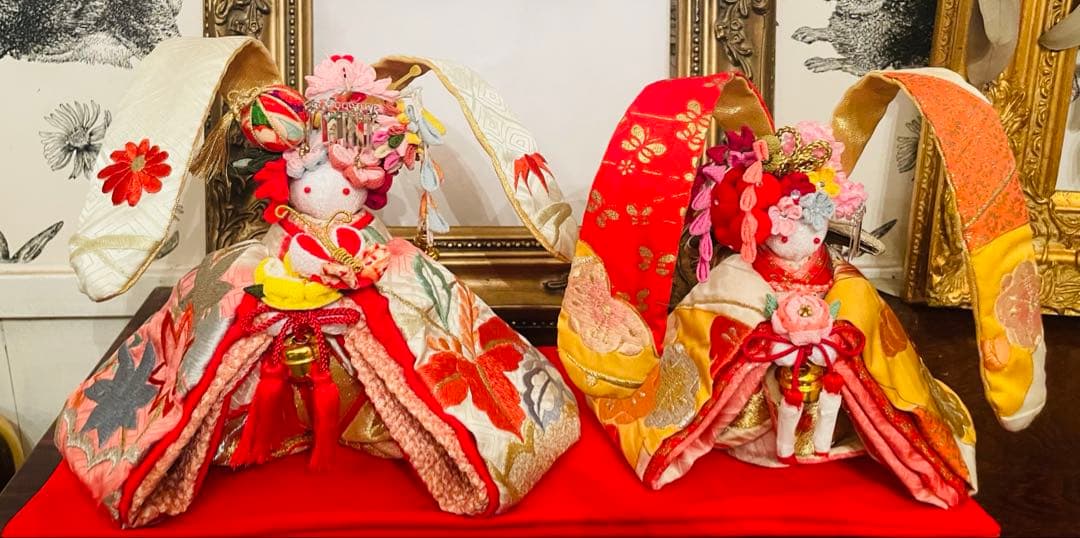 おばあちゃんのハンドメイド　大きな着物うさぎ人形　お姫様桃色の鶴　 幸せの鈴の音