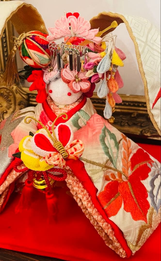 おばあちゃんのハンドメイド　大きな着物うさぎ人形　お姫様桃色の鶴　 幸せの鈴の音