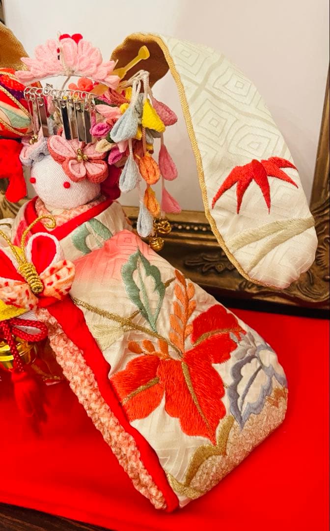 おばあちゃんのハンドメイド　大きな着物うさぎ人形　お姫様桃色の鶴　 幸せの鈴の音
