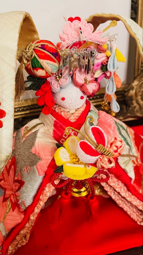 おばあちゃんのハンドメイド　大きな着物うさぎ人形　お姫様桃色の鶴　 幸せの鈴の音