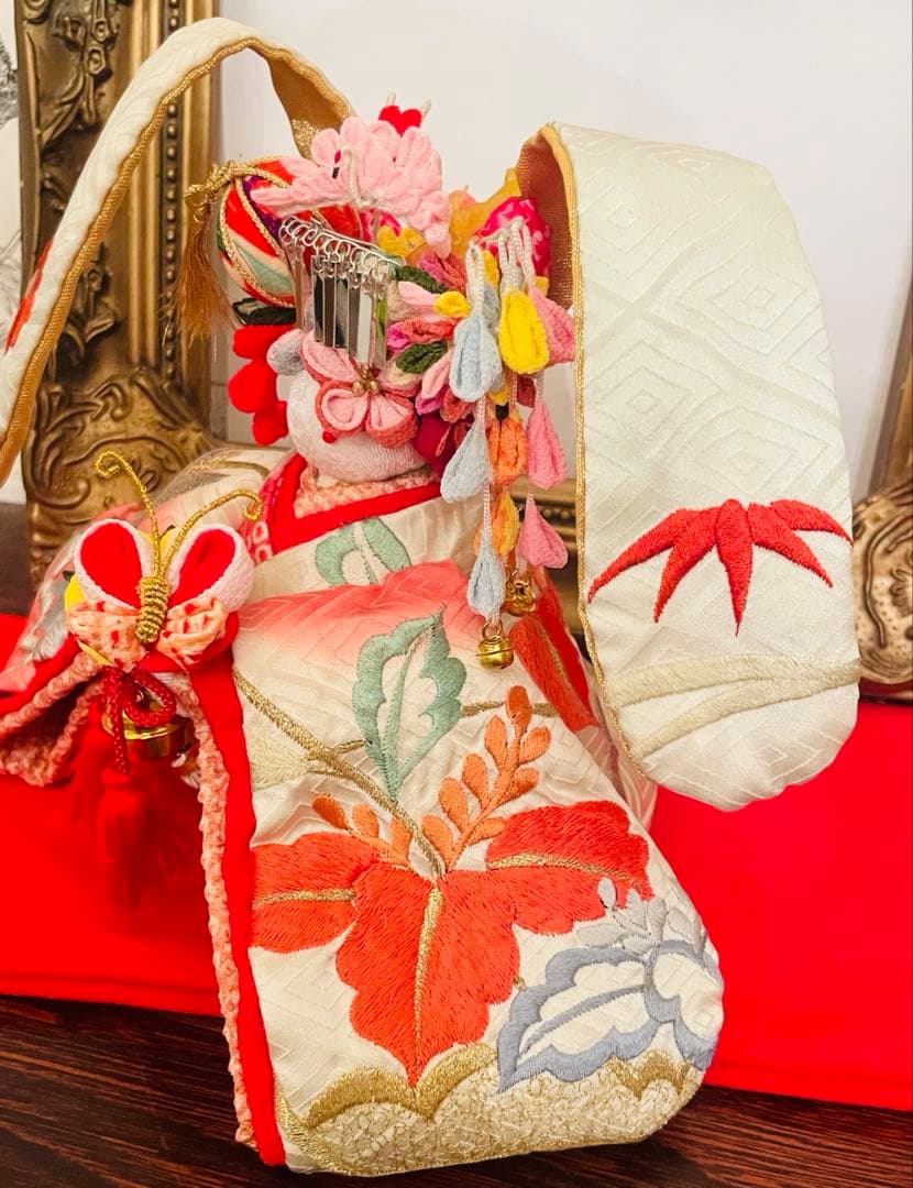 おばあちゃんのハンドメイド　大きな着物うさぎ人形　お姫様桃色の鶴　 幸せの鈴の音