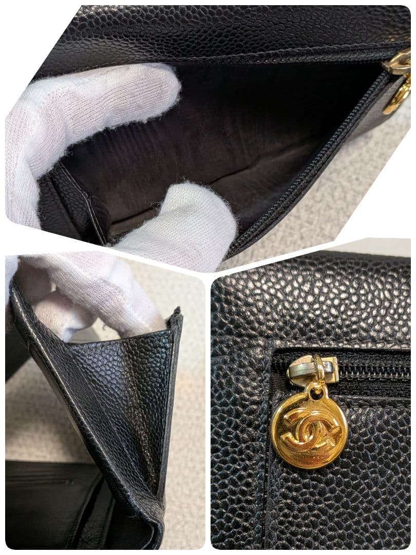 シャネル　デカココ　三つ折り財布　キャビアスキン　黒　正規品　チェーン