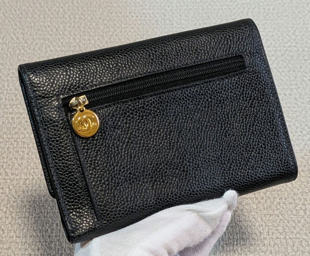 シャネル　デカココ　三つ折り財布　キャビアスキン　黒　正規品　チェーン