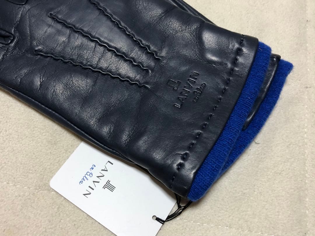 576新品LANVIN en BLue メンズ羊革レザー手袋裏地カシミヤ