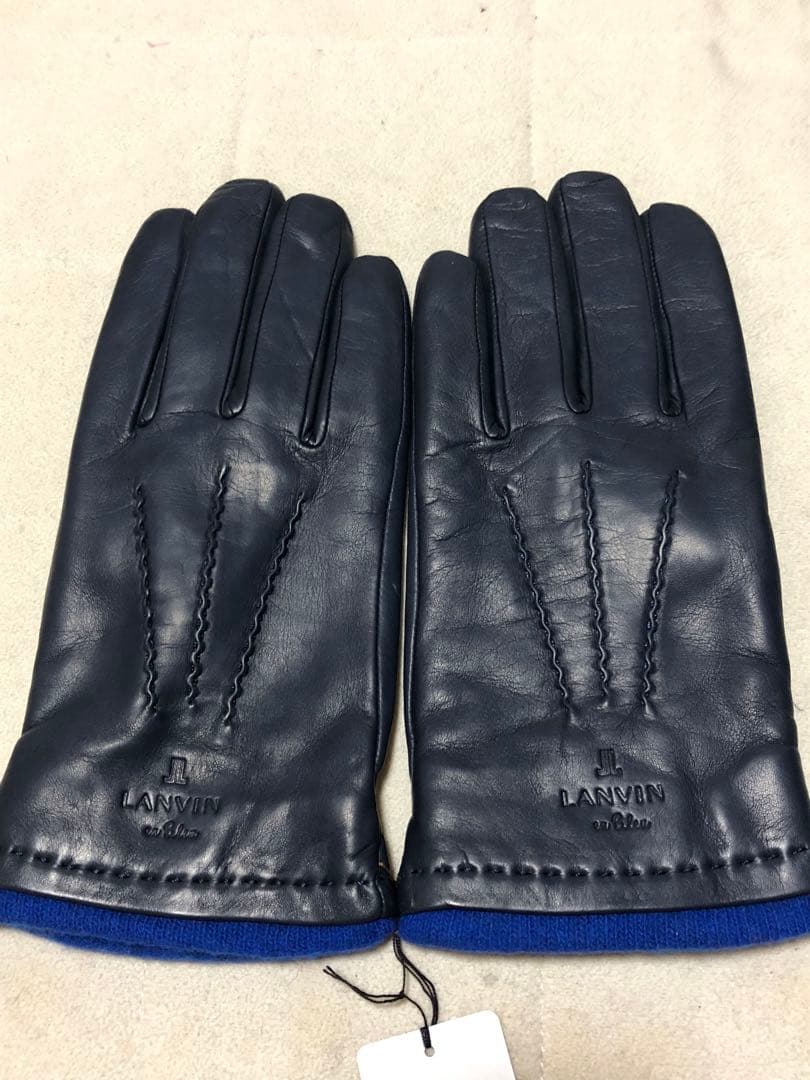 576新品LANVIN en BLue メンズ羊革レザー手袋裏地カシミヤ