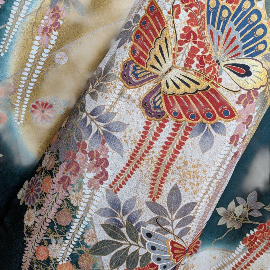 バッグ付き！振袖フルセット(7点)成人式・古典柄・金駒刺繍・金彩加工・舞蝶