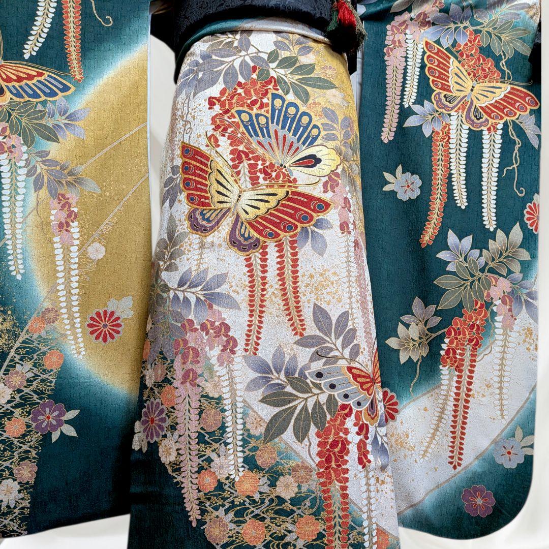 バッグ付き！振袖フルセット(7点)成人式・古典柄・金駒刺繍・金彩加工・舞蝶