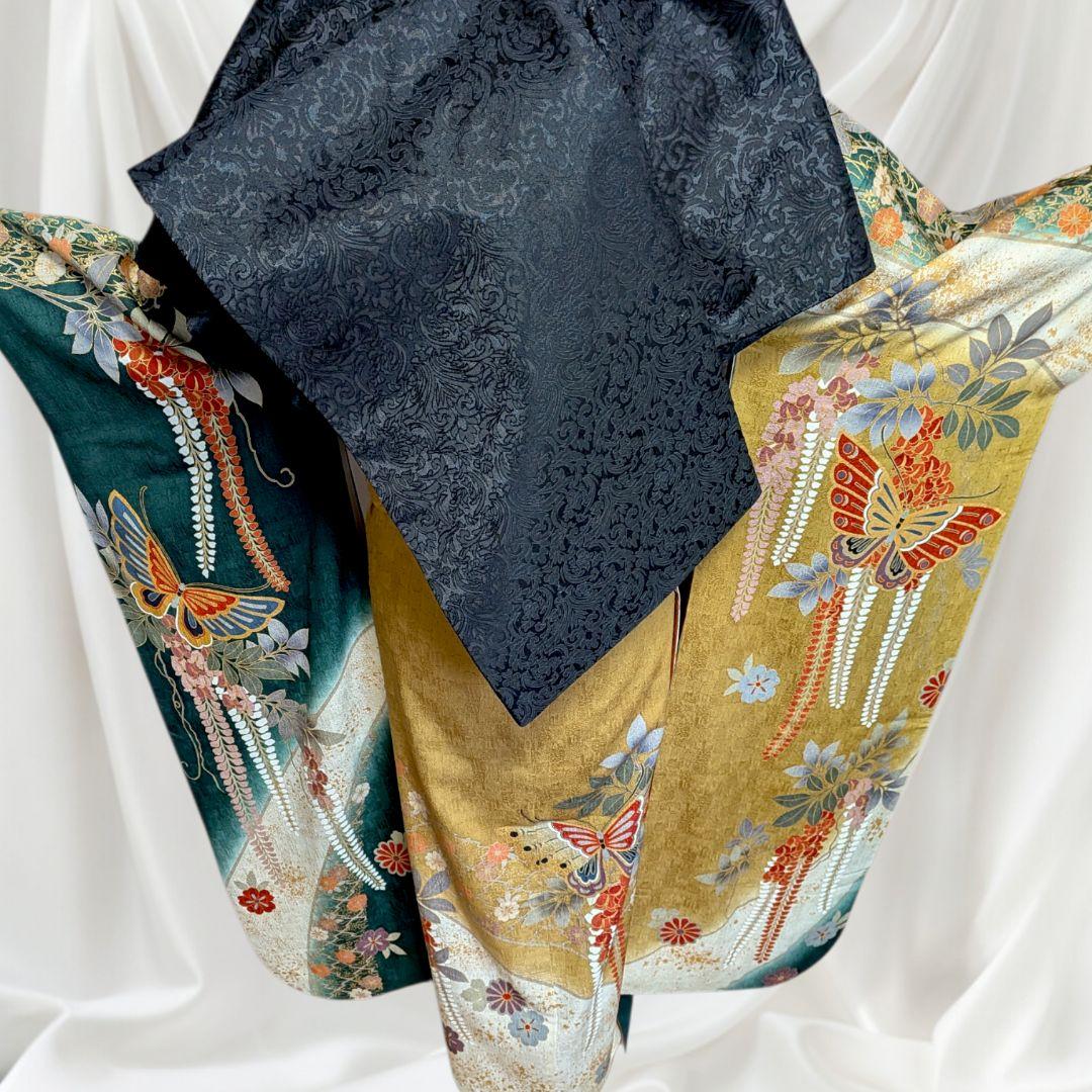 バッグ付き！振袖フルセット(7点)成人式・古典柄・金駒刺繍・金彩加工・舞蝶