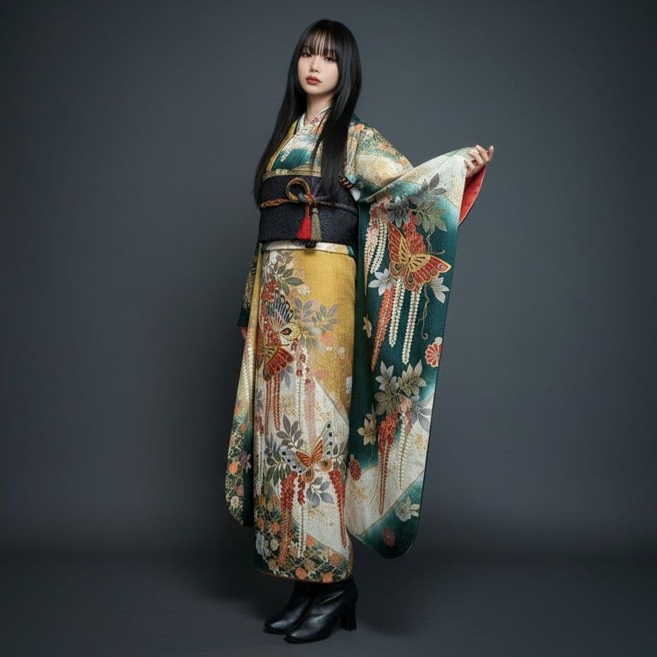 バッグ付き！振袖フルセット(7点)成人式・古典柄・金駒刺繍・金彩加工・舞蝶