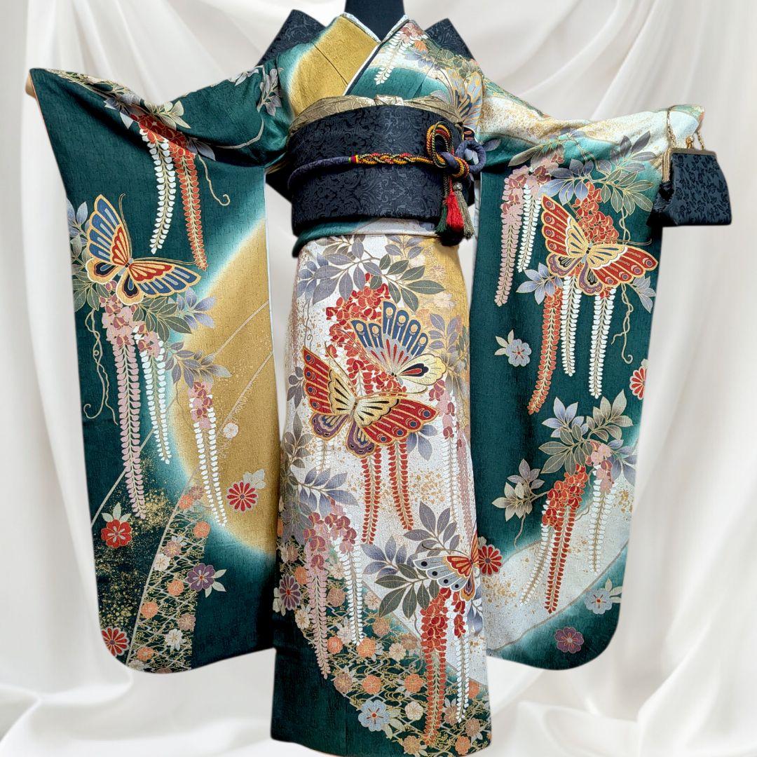 バッグ付き！振袖フルセット(7点)成人式・古典柄・金駒刺繍・金彩加工・舞蝶