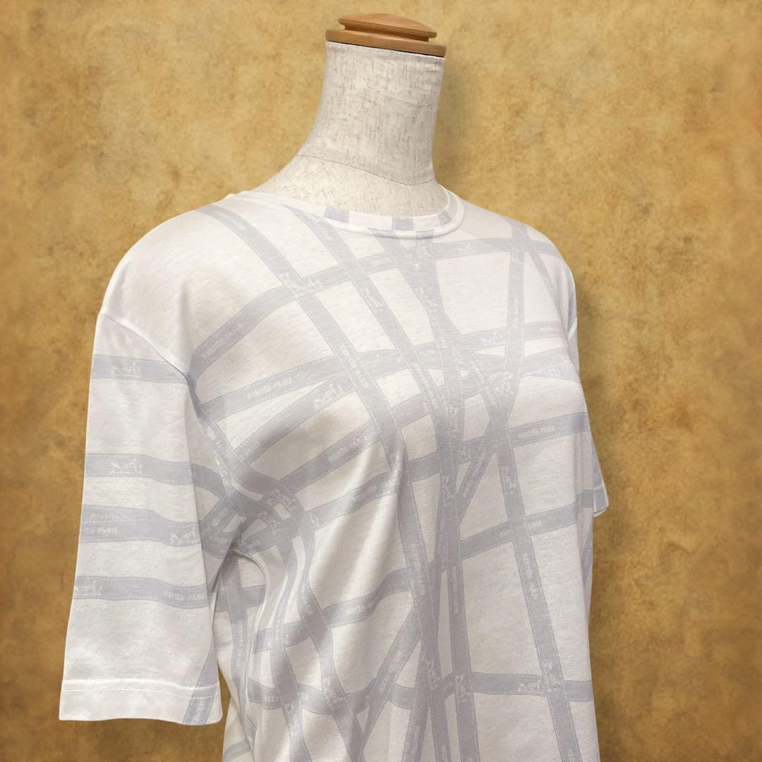 HERMES Tシャツ サイズME ボルデュック リボン柄 ライトグレー　伊製