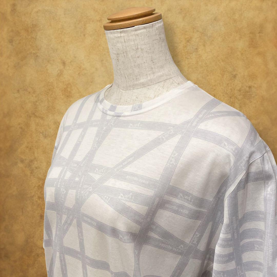 HERMES Tシャツ サイズME ボルデュック リボン柄 ライトグレー　伊製