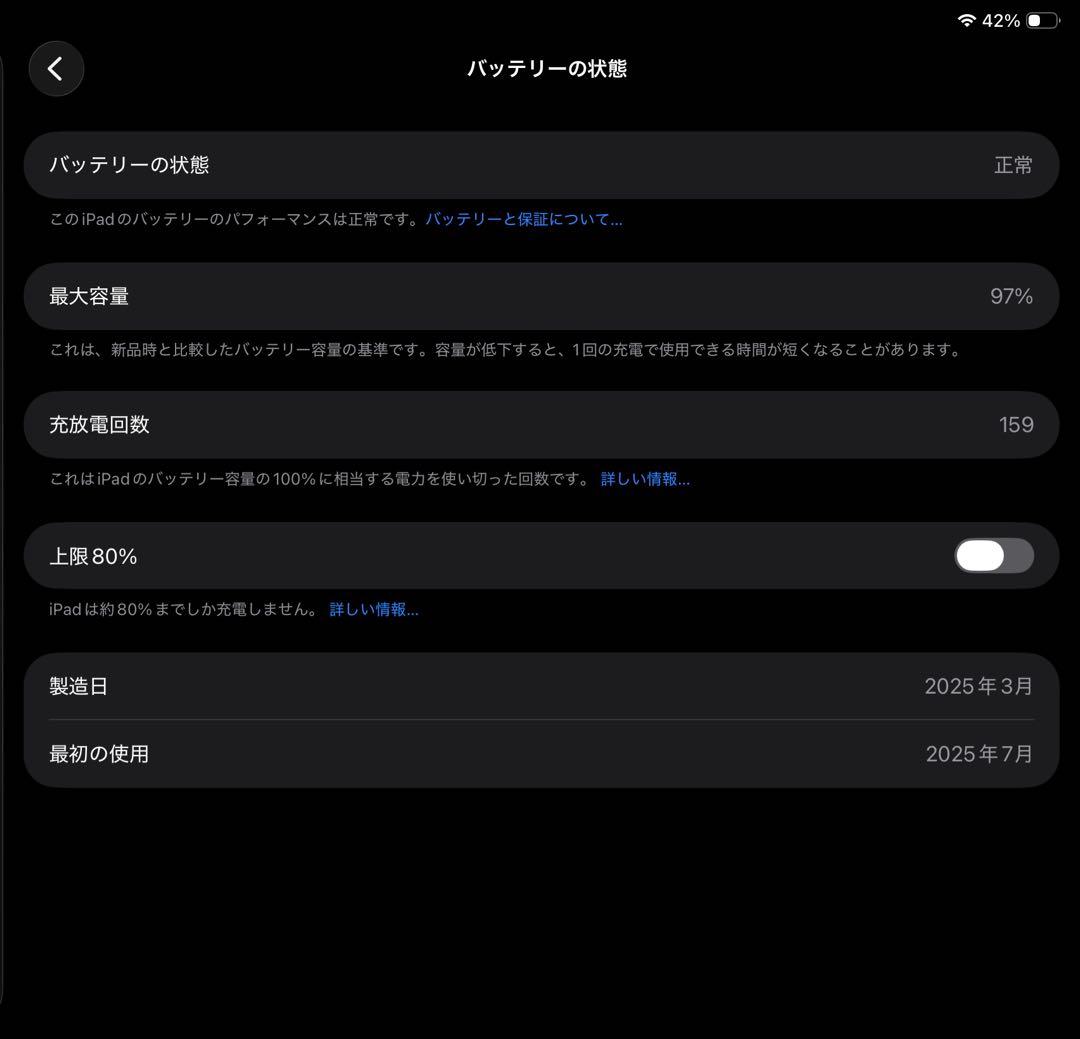 iPad(A16)本体 バッテリー97% 充放電159回