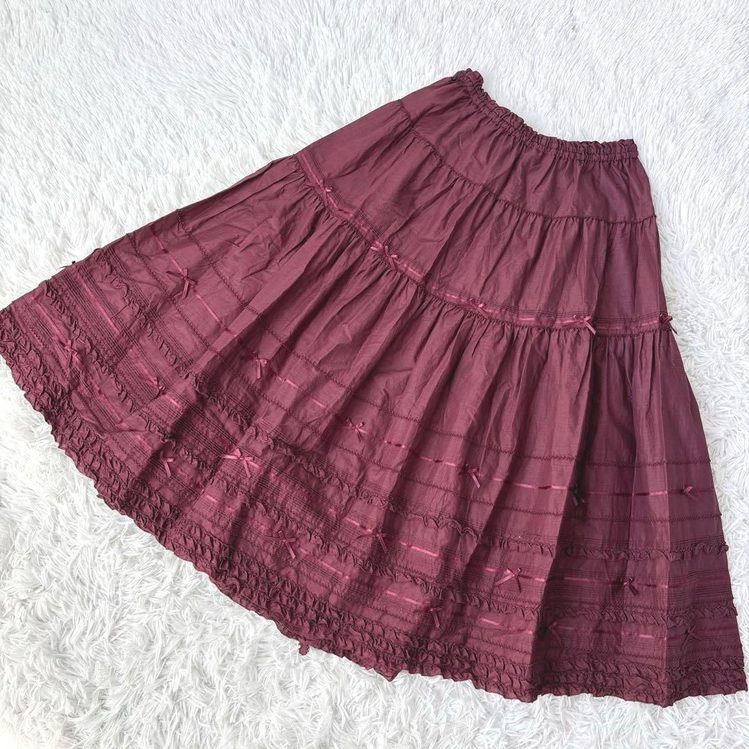 新品タグ付✨ピンクハウス　コットンフレアスカート　ピコフリル　リボン　レース