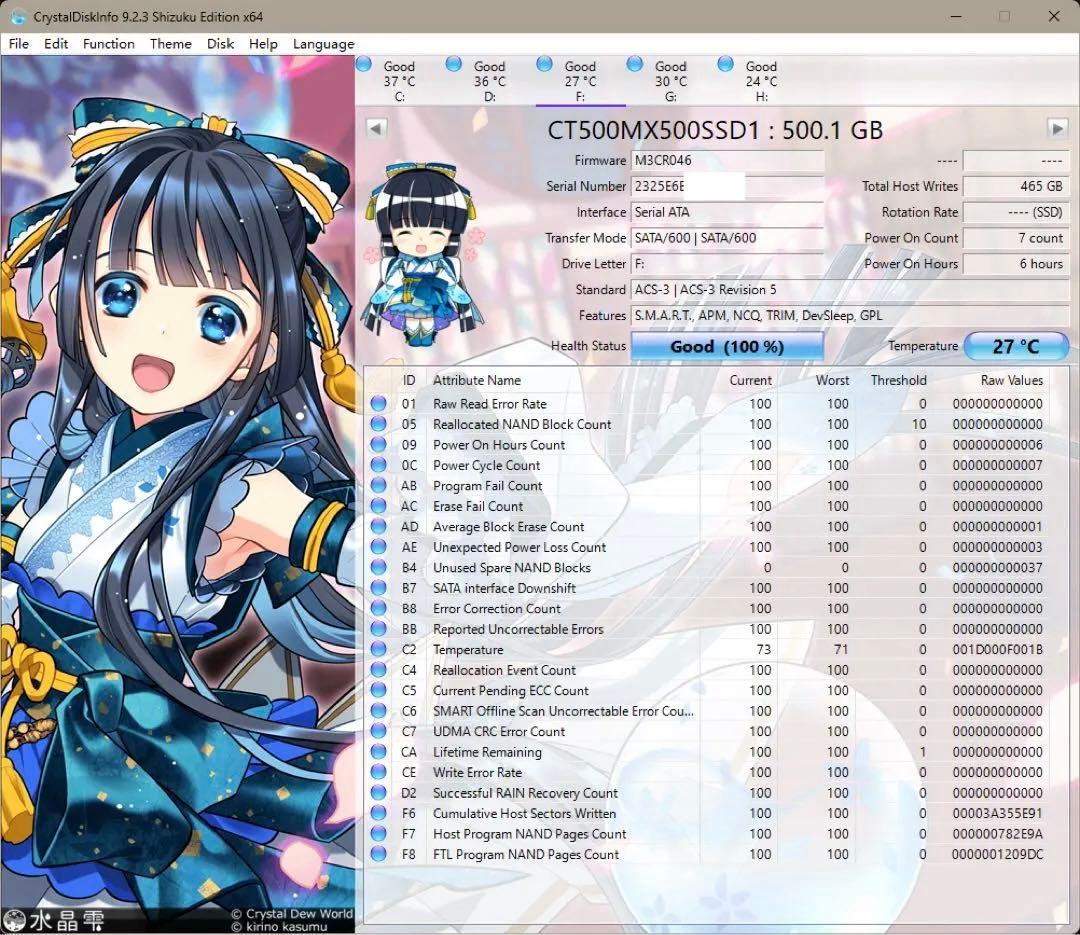 【通電7回6時間】crucial MX500 500GB 2.5インチSSD