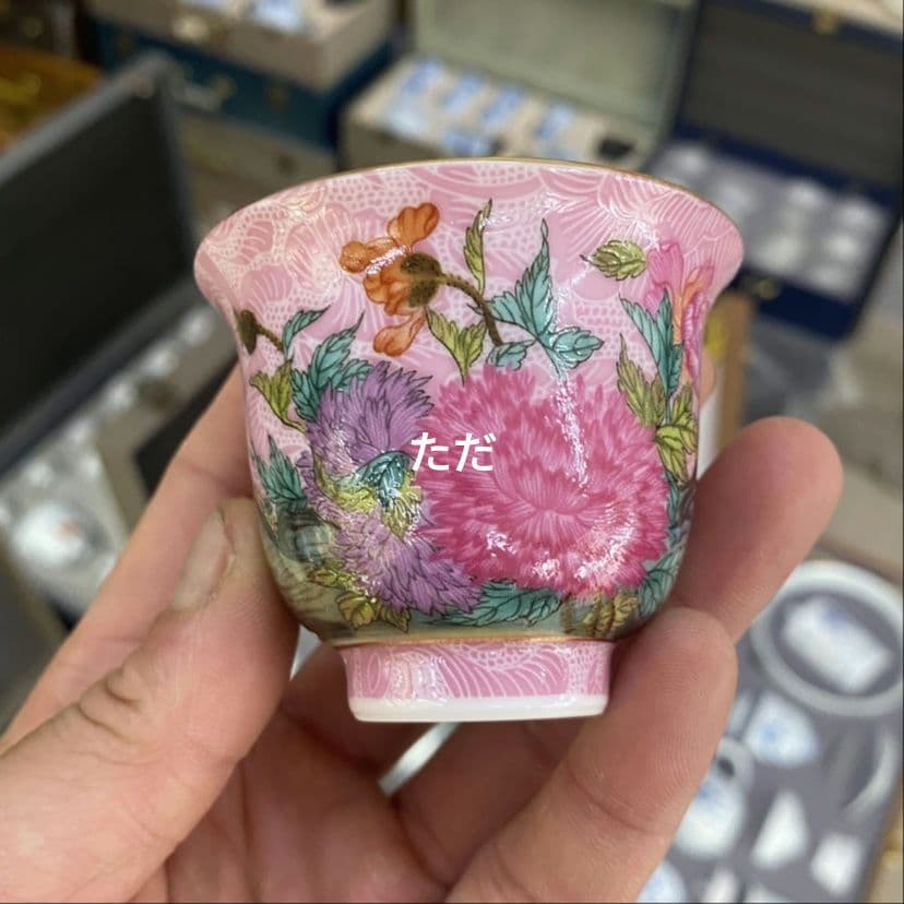 中国茶器 琺瑯彩掻花主人杯セット蓋付き茶器 飲茶食器 煎茶具 未使用品