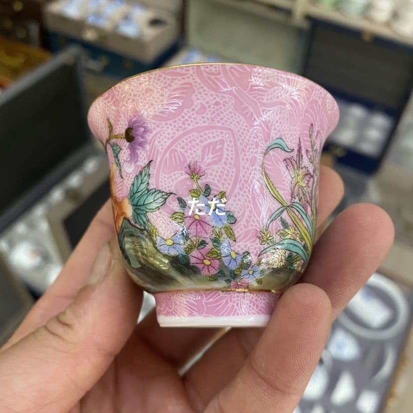 中国茶器 琺瑯彩掻花主人杯セット蓋付き茶器 飲茶食器 煎茶具 未使用品