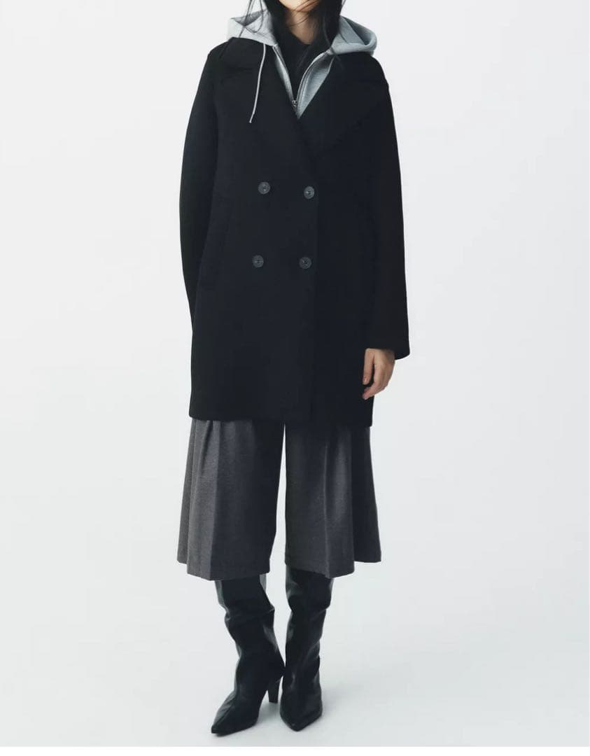 極美品　【ZARA】取り外し可能なフード付き コンビコート　L ブラック　黒