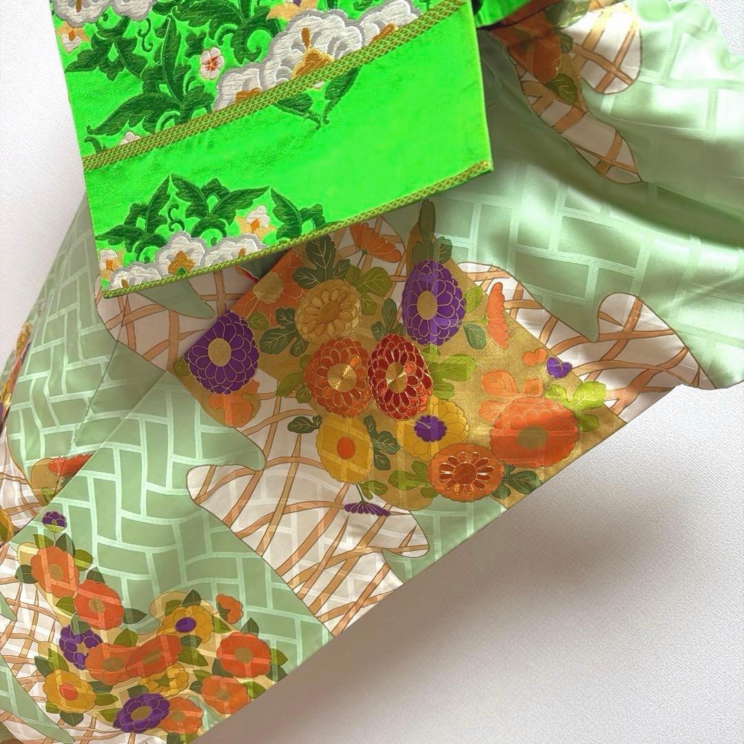 36 振袖フルセット 正絹 淡グリーン 緑 金彩 刺繍 駒刺繍 レトロ 古典