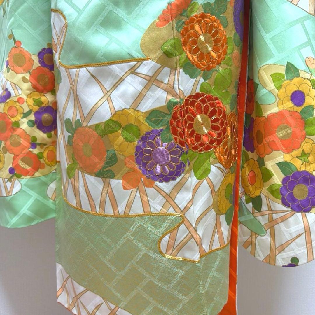 36 振袖フルセット 正絹 淡グリーン 緑 金彩 刺繍 駒刺繍 レトロ 古典