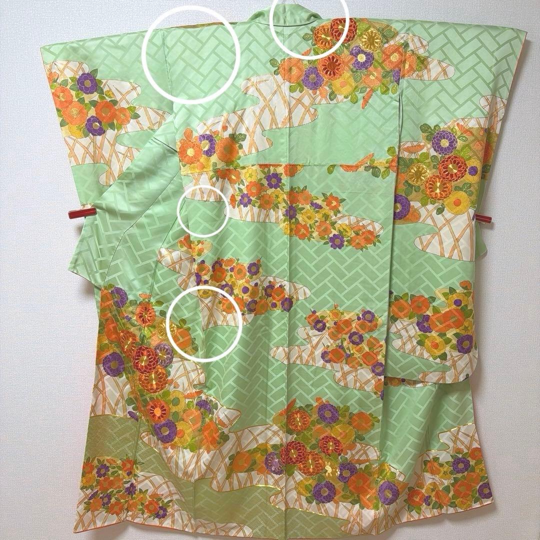 36 振袖フルセット 正絹 淡グリーン 緑 金彩 刺繍 駒刺繍 レトロ 古典