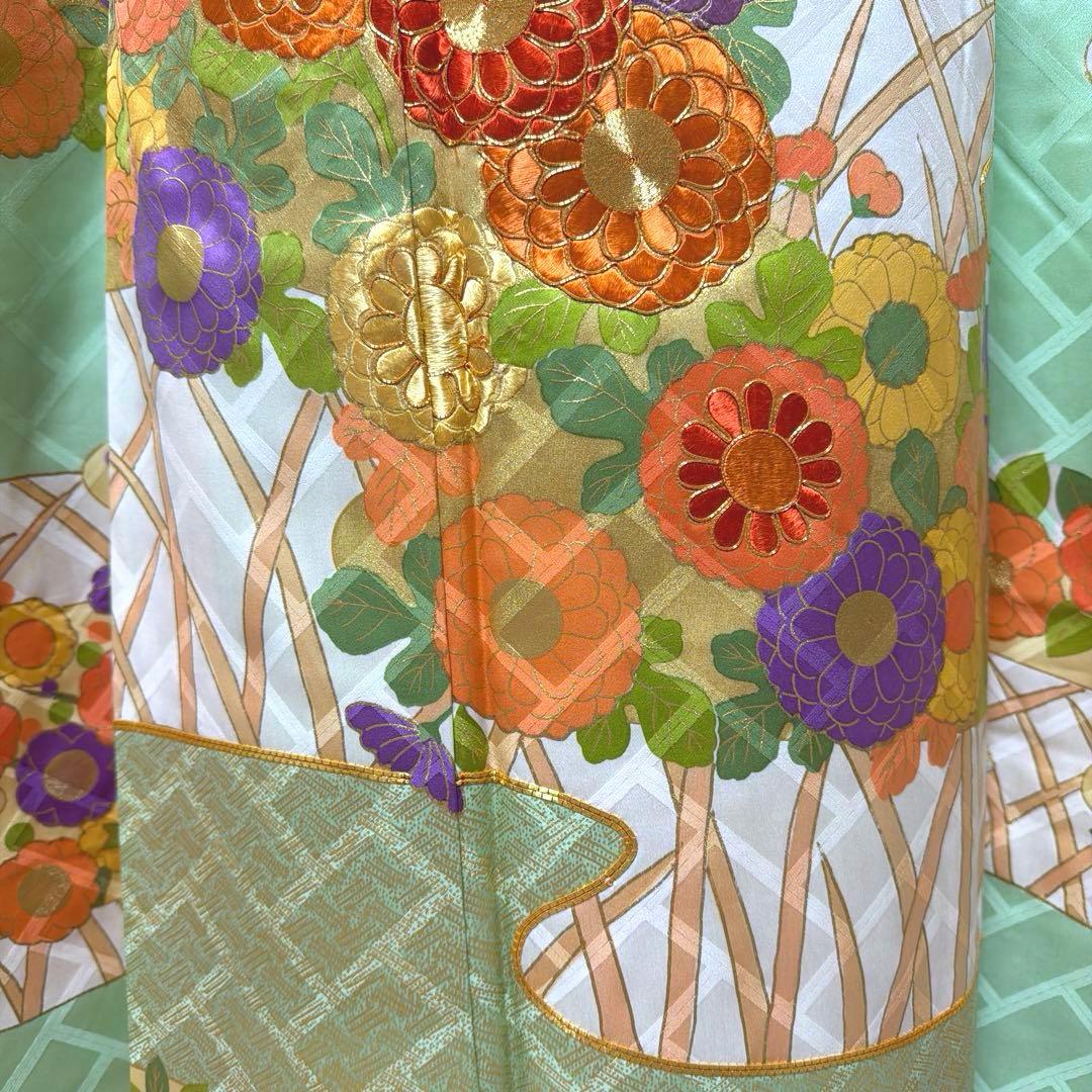 36 振袖フルセット 正絹 淡グリーン 緑 金彩 刺繍 駒刺繍 レトロ 古典