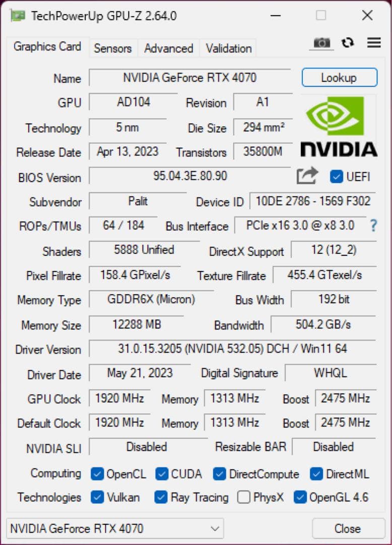 グラフィックボード・グラボ・ビデオカード PALIT GEFORCE RTX4070 DUAL 12GB