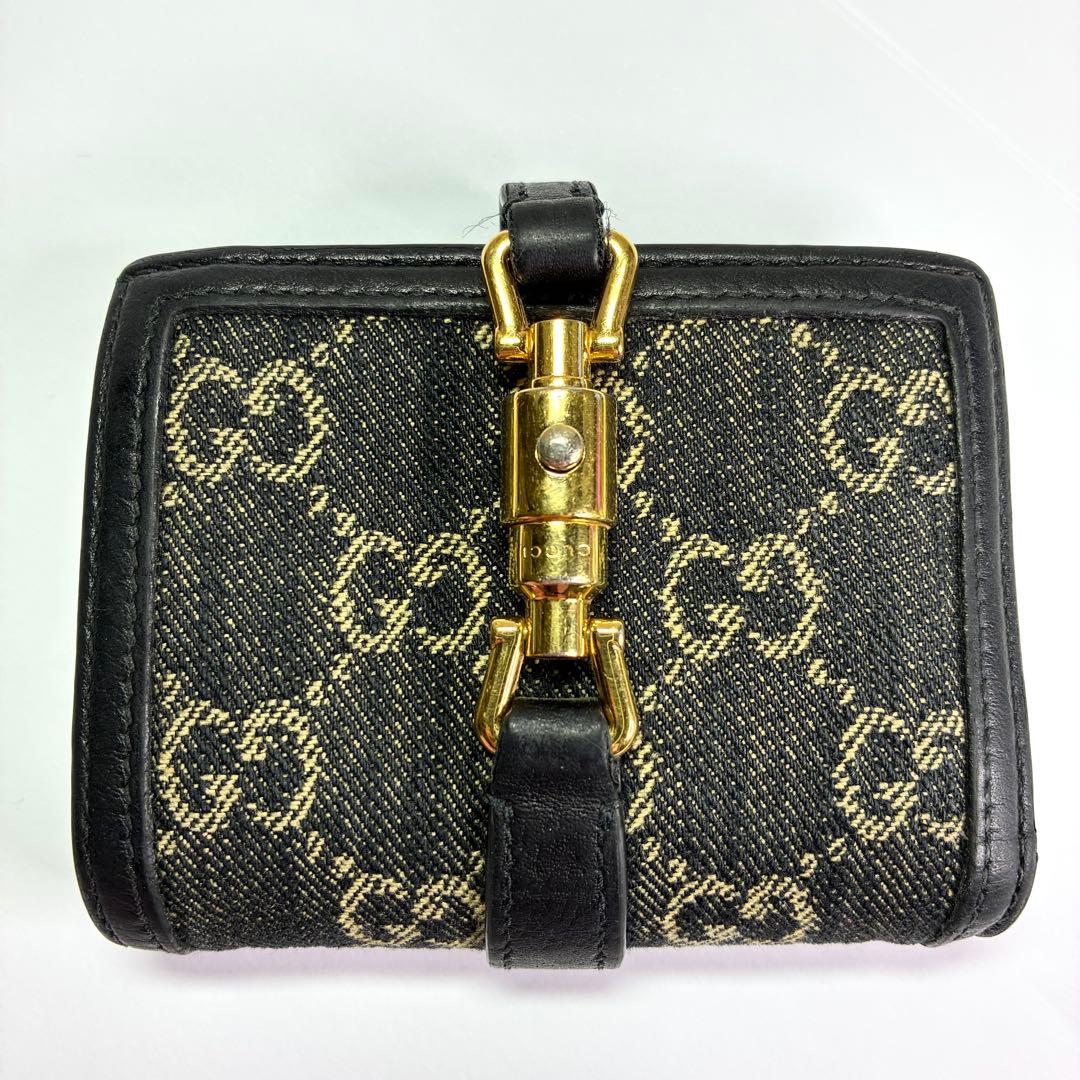 【Gucci 】ブラック デニム レザー 二つ折り財布 ジャッキー 1961