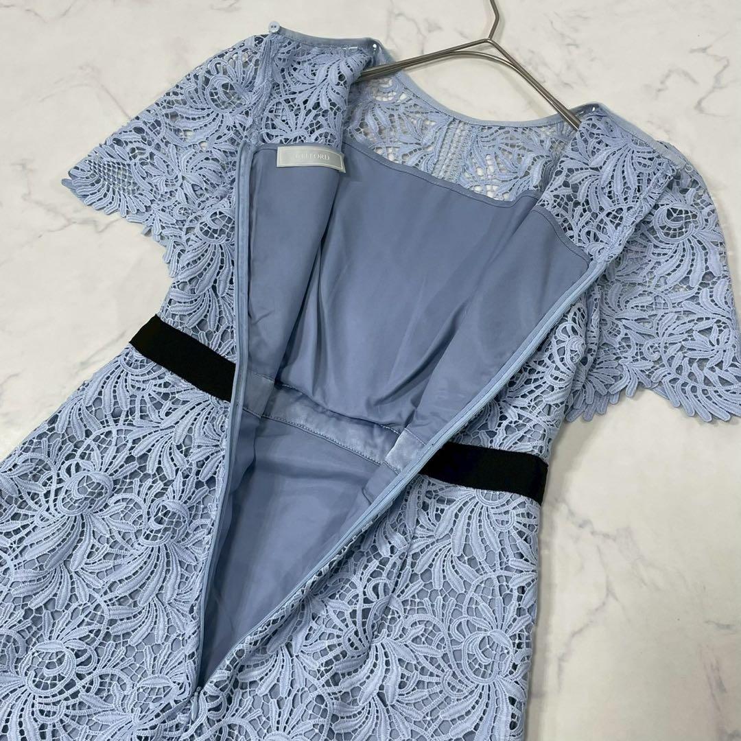 美品 CELFORD 切替 異素材 裏地付き 半袖 ひざ丈 ワンピース 34