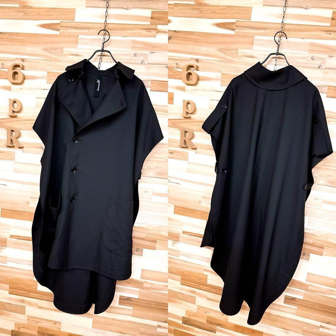 美品/レア【グラウンドワイ】ギャバジン ケープ コート ロング ベスト黒ブラック