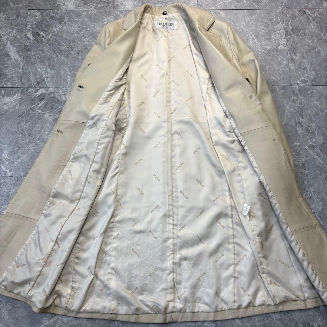 XL♡バルマン♡ラムレザー　ロングコート　ベルトリボン　ホワイトベージュ